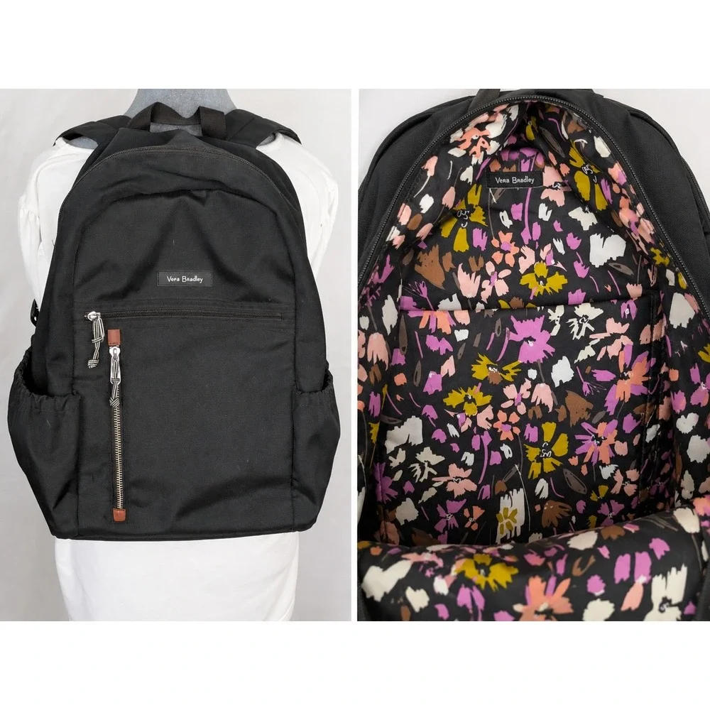 Vera Bradley Black Backpack Floral Lining Laptop Travel School Book Bag 17